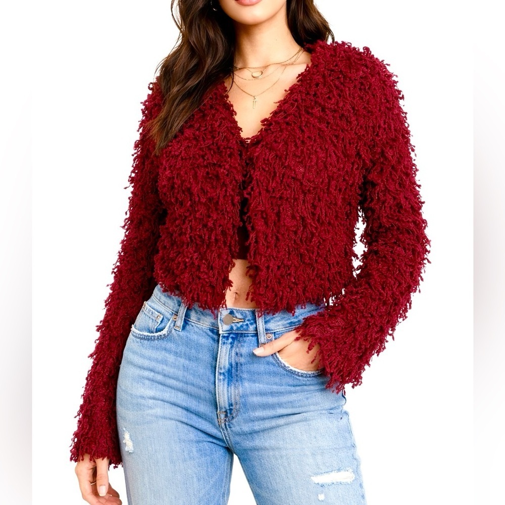 Windsor Red Shaggy Faux Fur Cropped Jacket Size Small Statement Party Y2K Glam